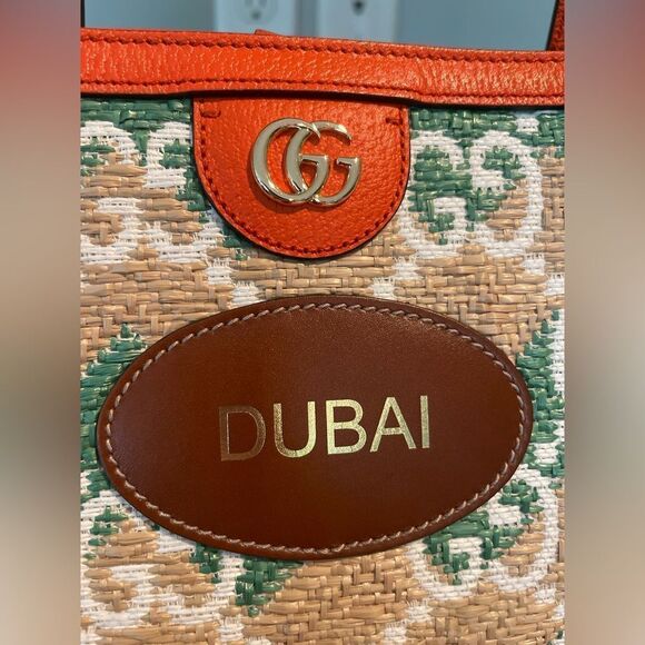 Gucci x Dubai Exclusive GG Raffia Tote Bag – NWT – Orange Leather Trim - Picture 5 of 12